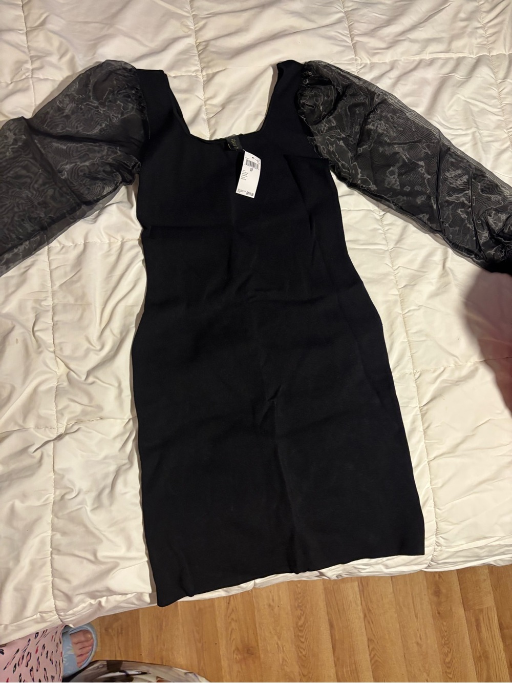 House of Harlow 1960 Black Mini Dress with Sheer Puff Sleeves